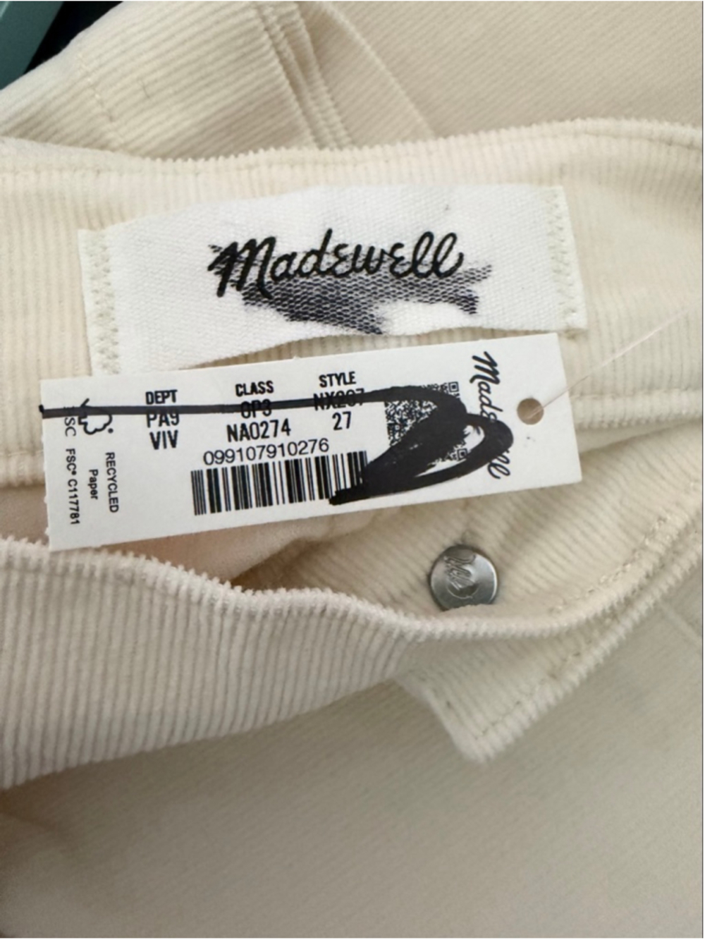 NWT Madewell The Wide-Leg Pant in Corduroy in white size 27 - Picture 9 of 10
